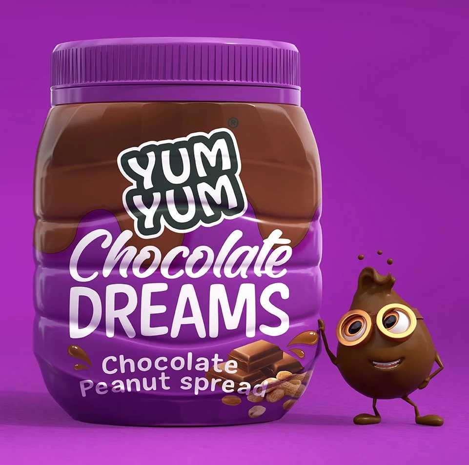 Photorealistic 3D render of Yum Yum Chocolate Dreams peanut butter jar with character on purple background