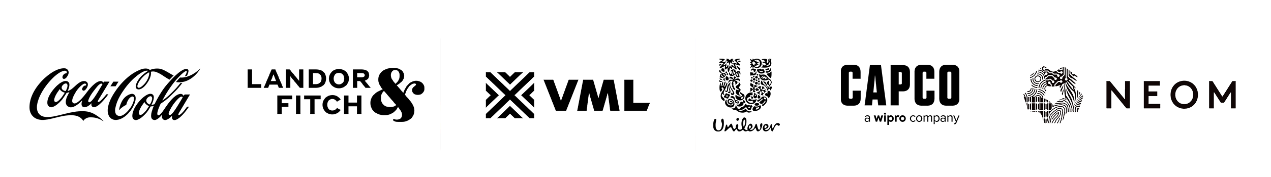 Logos for client organisations: Coca-Cola, VML, Y&R,  Unilever and NEOM.