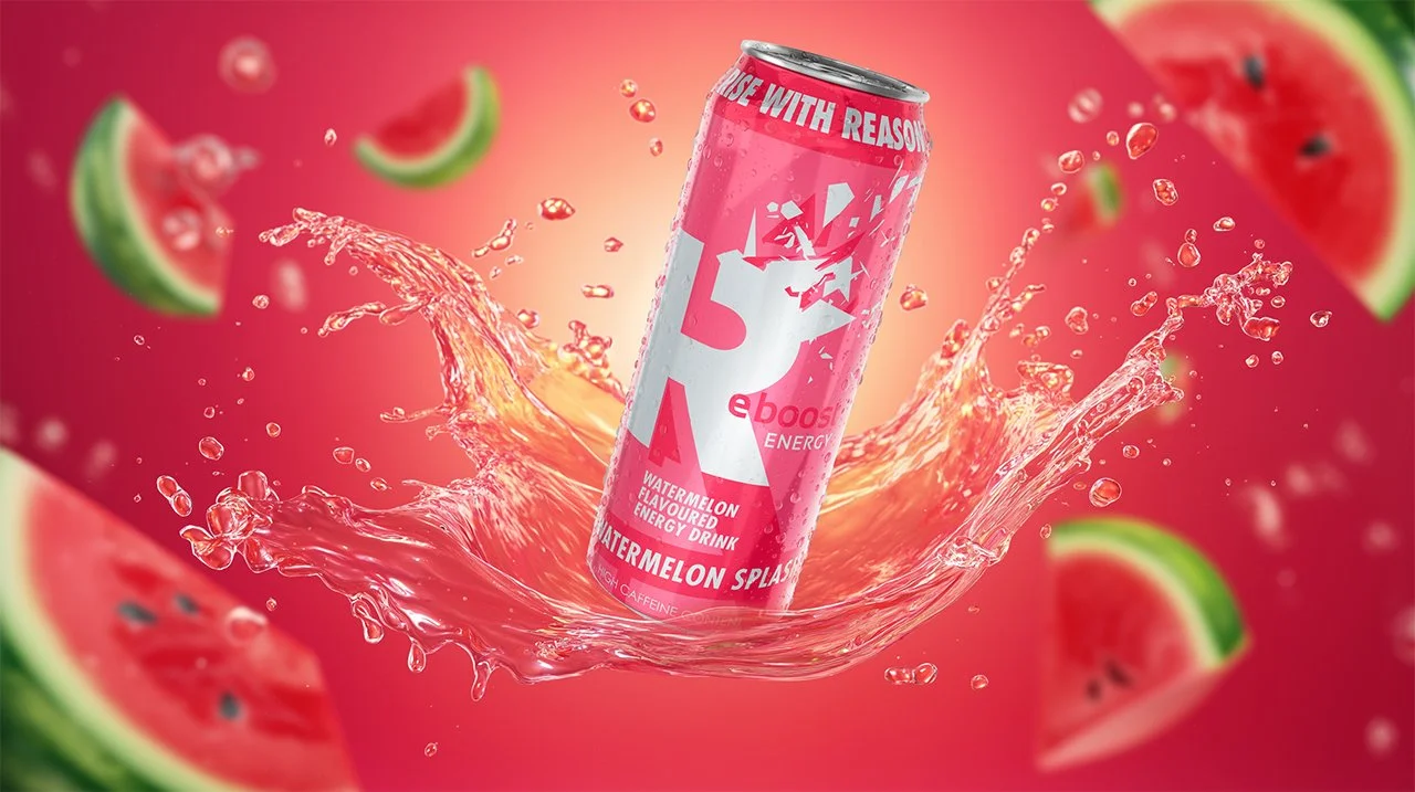 Photoreal energy drink render of Reboost watermelon variant created for product campaign visuals