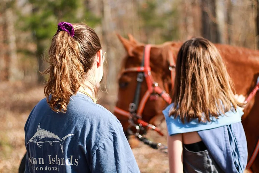 two girls standing in front of a brown horse in the woods