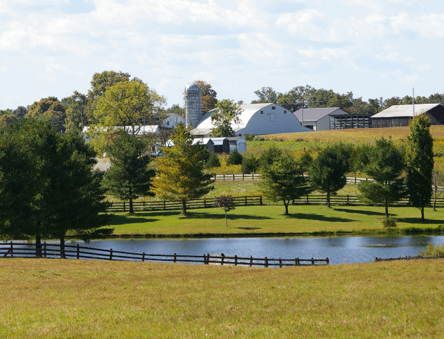 picture of a beautiful farm scene. white barn and silo with a pond and trees in the foreground.