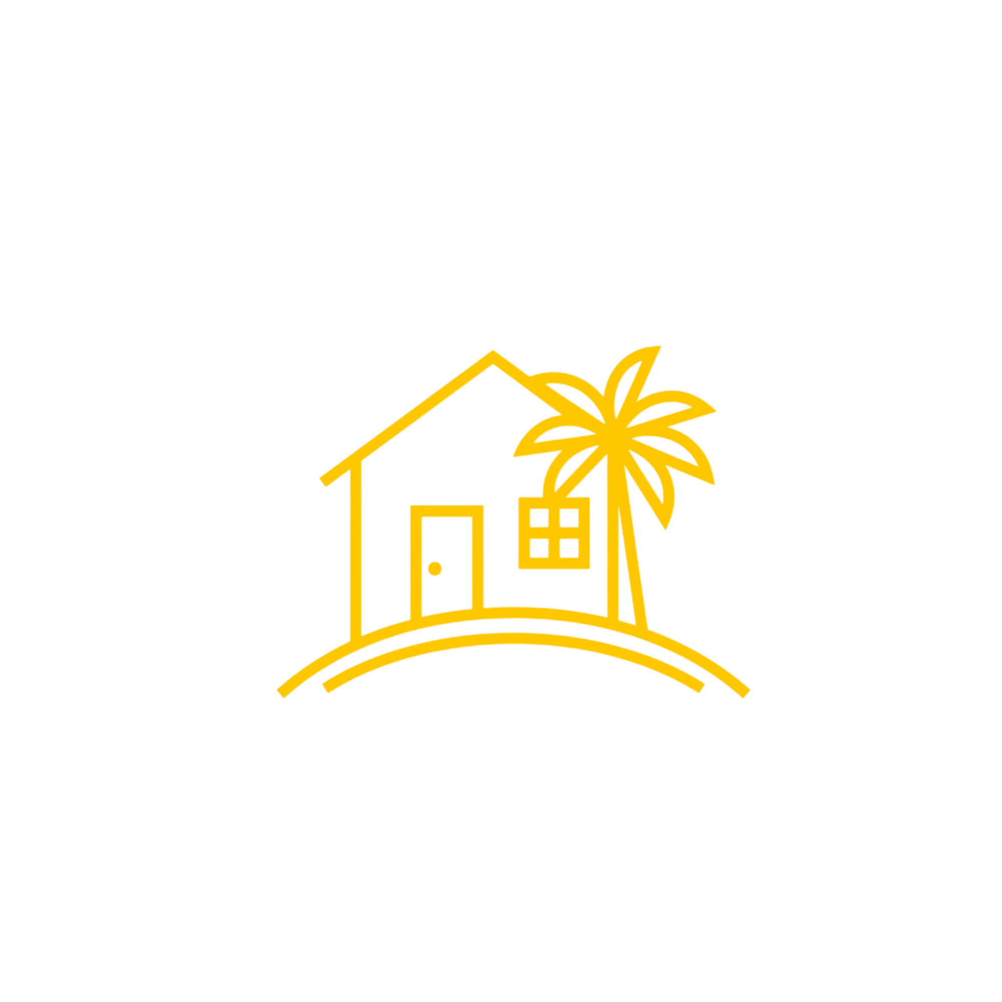 Outline of a house with a roof, door, and windows, along with a potted plant, in yellow, on a black background.