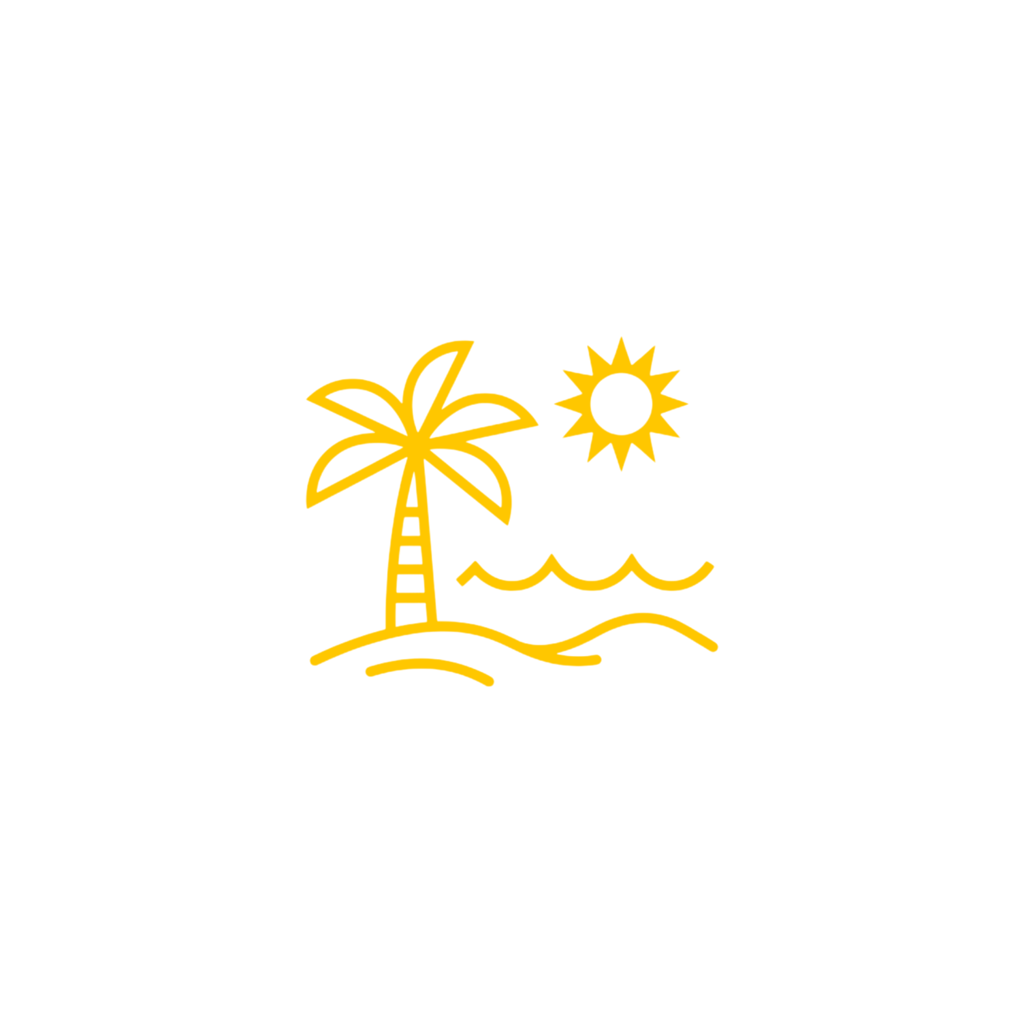 Yellow outline of a tropical island with a palm tree, wave, sun, and flower.