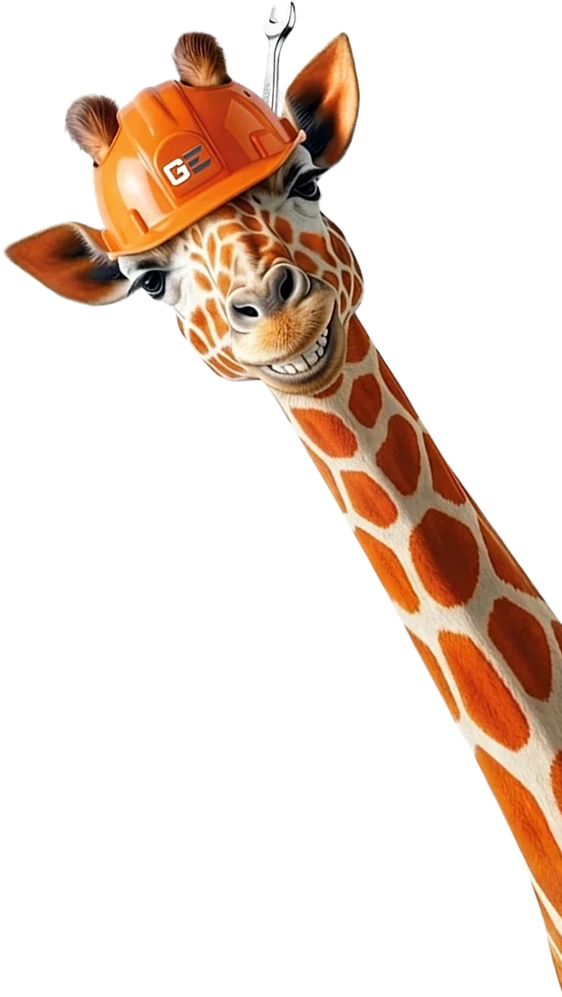 Giraffe von Gerüstbau Eichriedler mit Bauhelm und Werkzeug