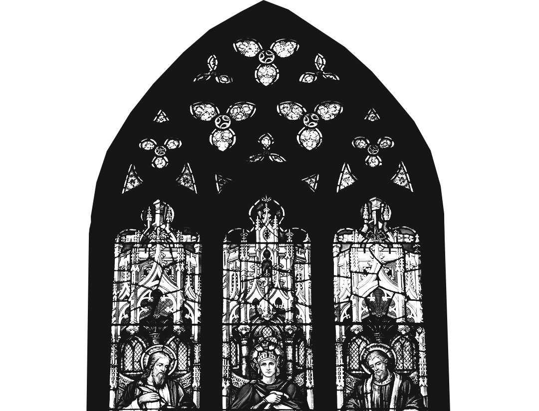 Black and white photograph of stained glass window depicting three religious figures with intricate floral and geometric designs above them.
