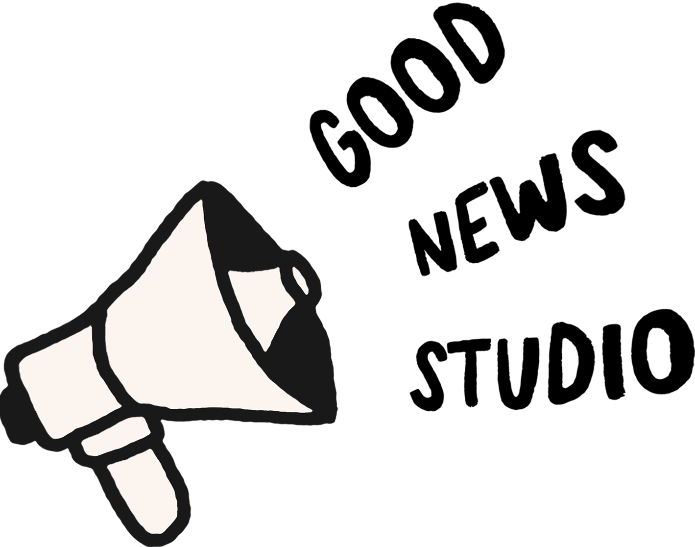 A black and white illustration of a megaphone with text 'Good News Studio' next to it.