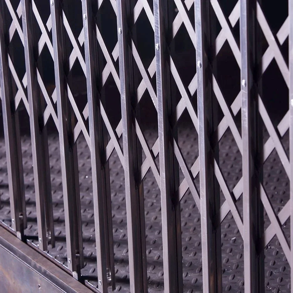 Close-up of a metallic security gate with a diamond pattern.