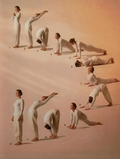Sequence of a person demonstrating different yoga poses on a plain background, starting from standing to forward bend, plank, downward dog, and other positions.