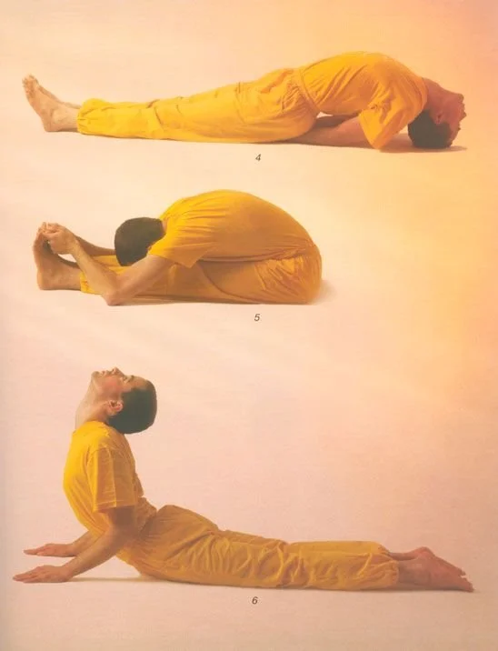 Three images showing different yoga poses with a person in a yellow outfit. The person is performing a forward bend, a seated forward fold, and a cobra pose. All poses are performed on a plain light-colored background.