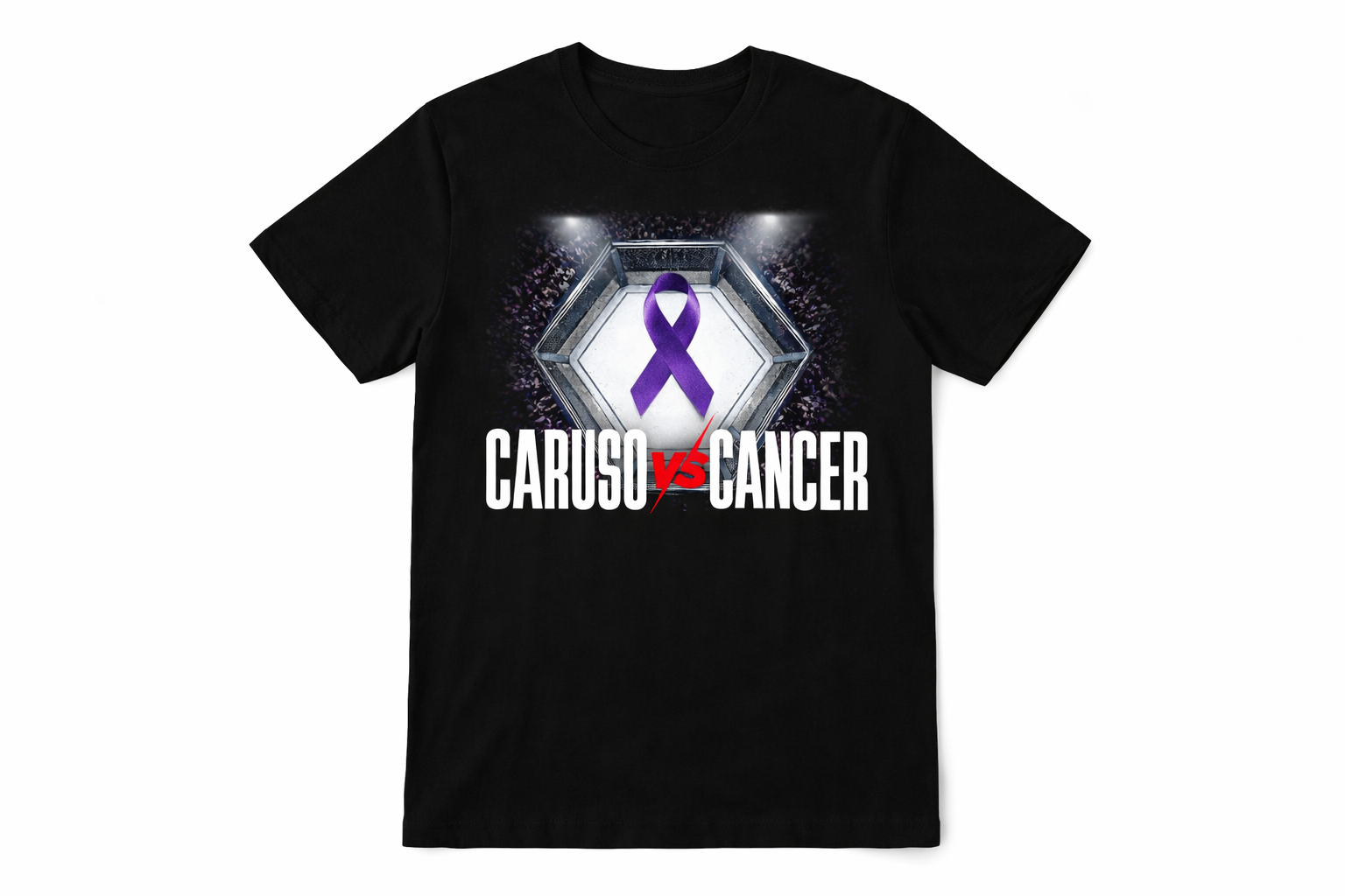 Black T-shirt with a design featuring a purple ribbon, a hockey rink, and the text 'Caruso vs Cancer'.