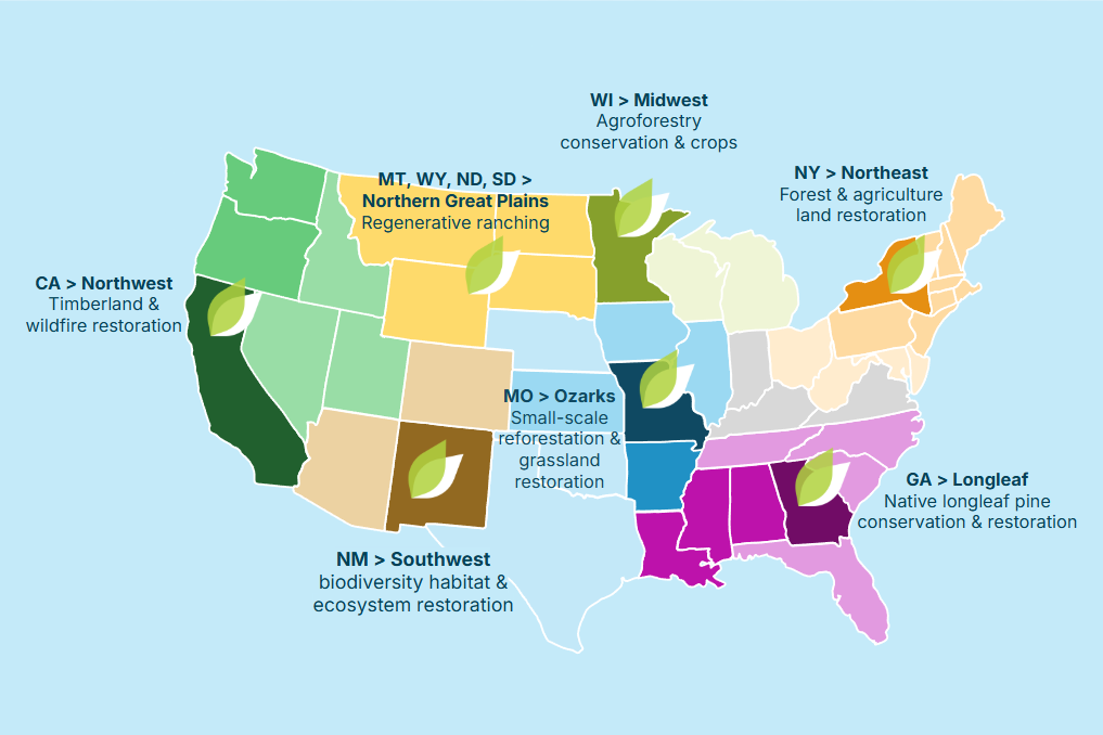 US map showing the seven ecoregions where New Leaf is engaged in restoration projects: California Northwest, Northern Great Plains, Midwest, Northeast, Ozarks, Southwest, and Georgia.