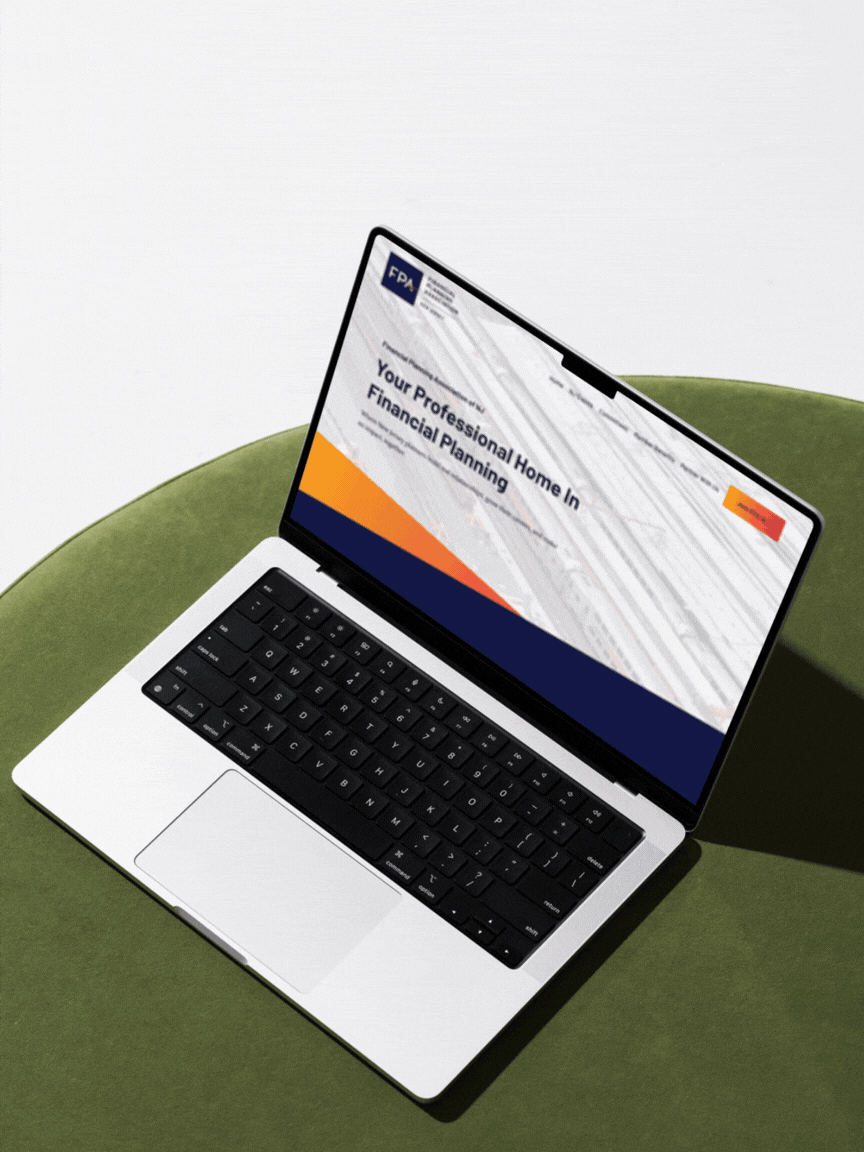 Gif of a laptop rotating through samples of the web designer's work.