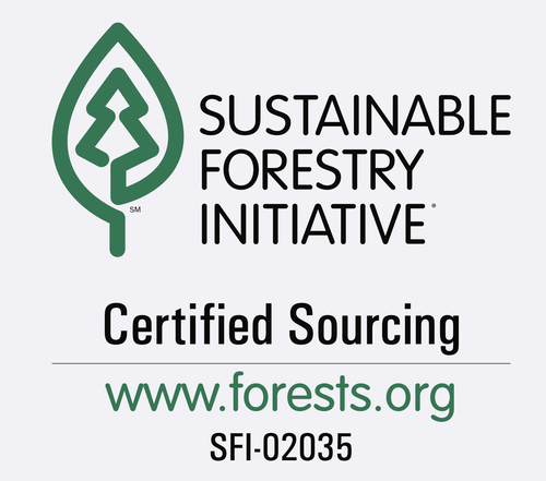 Sustainable Forestry Initiative certified sourcing label with logo, website www.forests.org, and certification number SFI-02035.