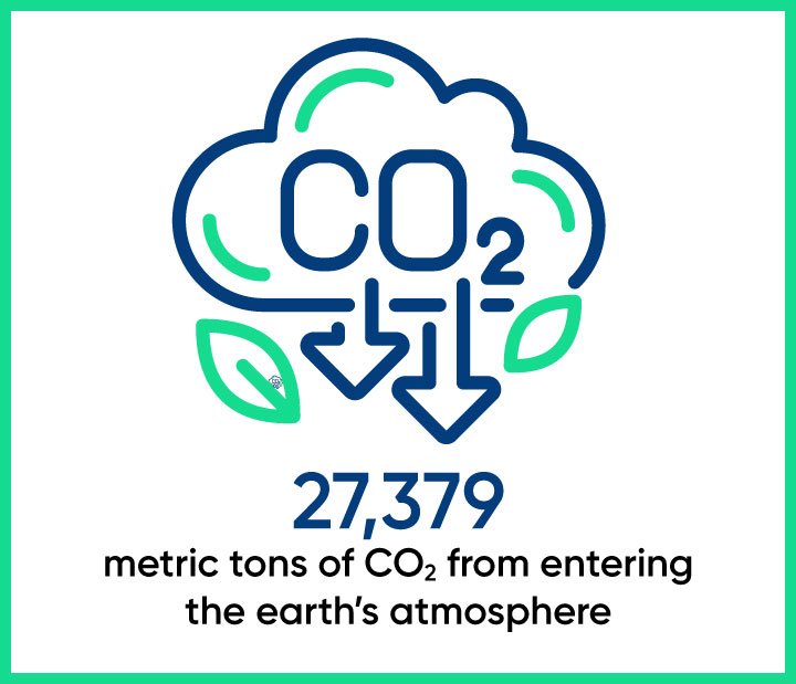 Illustration of a cloud with arrows pointing down and the chemical formula CO₂, surrounded by leaves, indicating carbon dioxide absorption. Text below reads: '27,379 metric tons of CO₂ from entering the earth's atmosphere'.