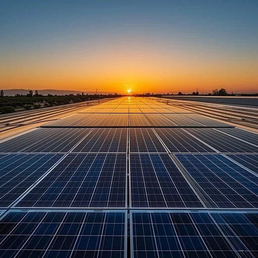 Solar panels on a field during sunset