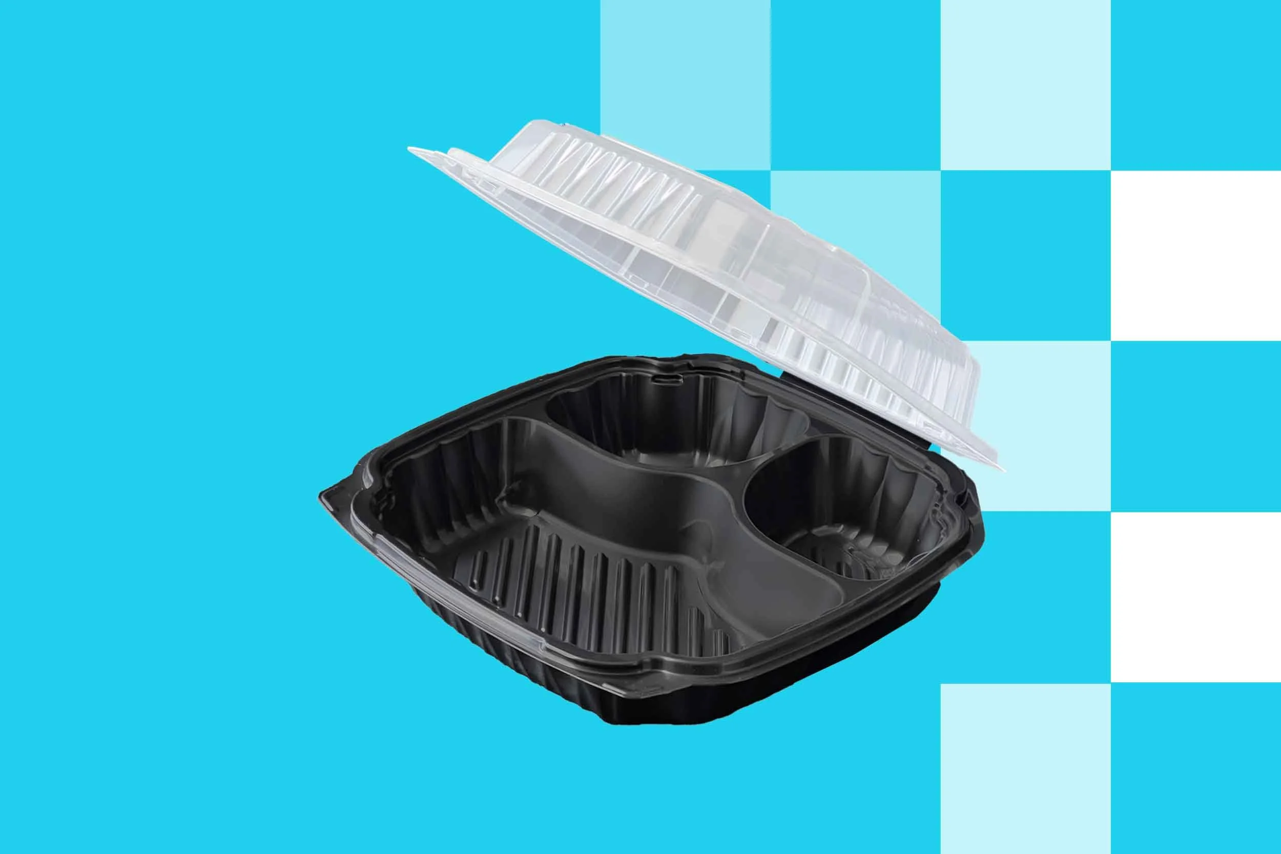 Open black plastic food container with hinged clear plastic lid against a blue checkered background.