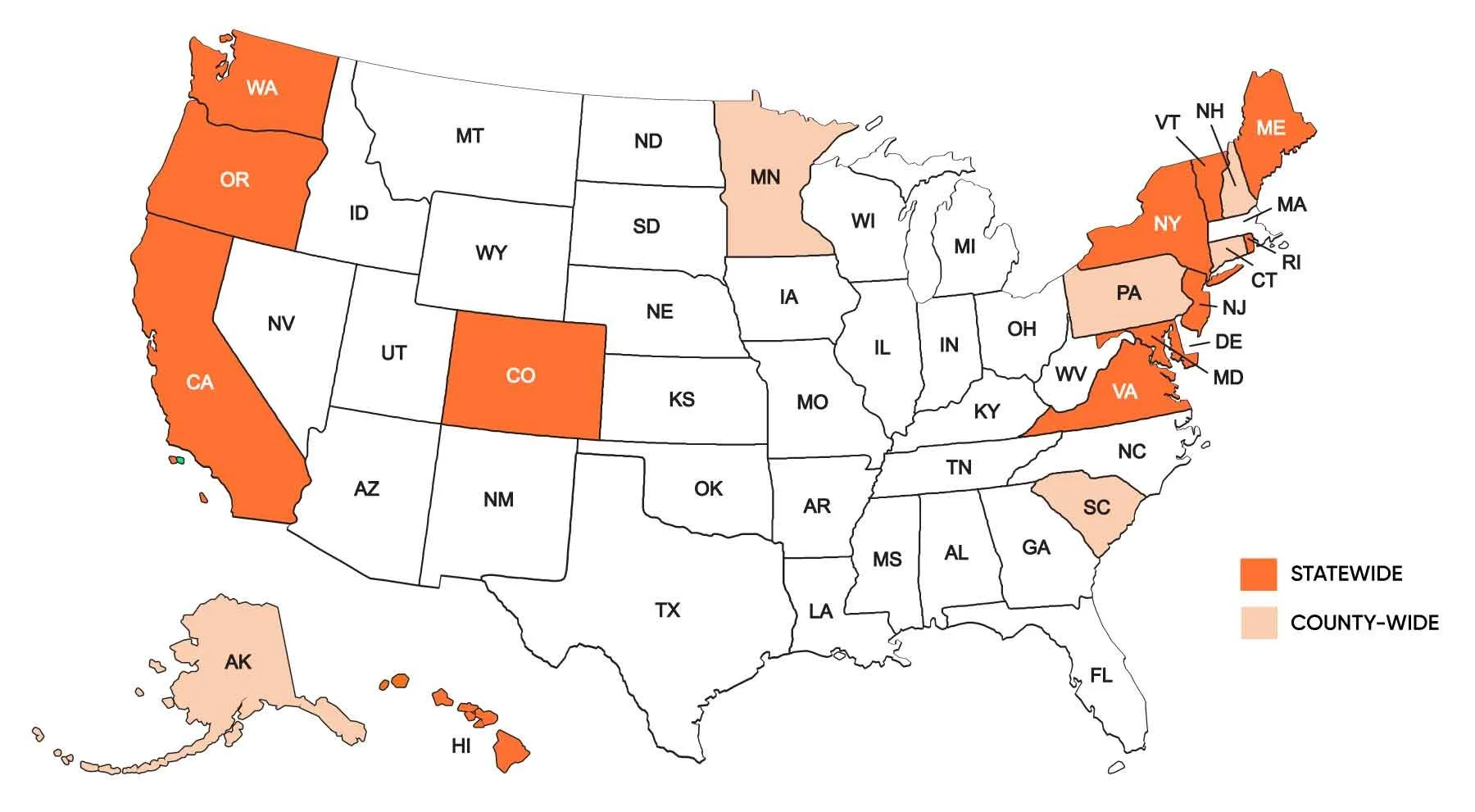 Map of the United States showing states in orange indicating they are 'statewide' and states in light orange indicating they are 'county-wide'.