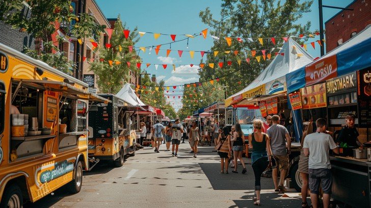 Street food festival with food trucks, people walking, and colorful bunting flags overhead.