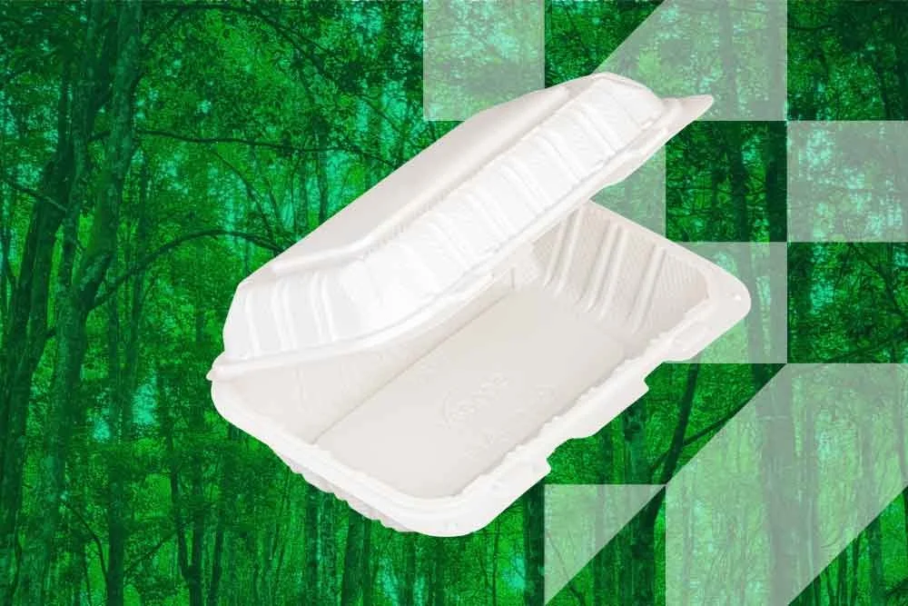 Empty white biodegradable food container on green forest background.