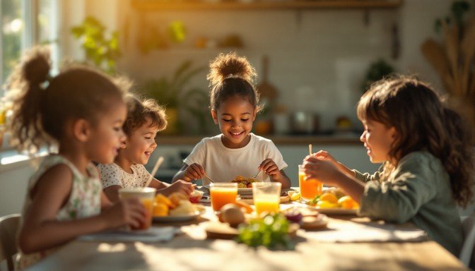 Four children enjoying breakfast together at a sunny kitchen table with juice, fruit, and eggs.