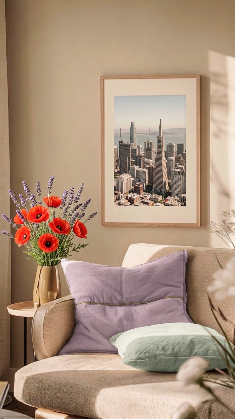 California psychotherapist, Kalé Woods office with beige sofa, purple and mint green pillow, a flower arrangement with red poppies and purple lavender in a vase on a side table, framed cityscape photo of San Francisco on the wall.