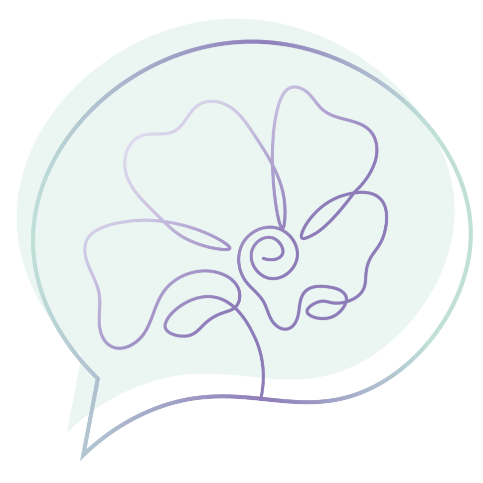 Abstract line drawing of a poppy inside a speech bubble. The logo for Kalé Woods, LMFT