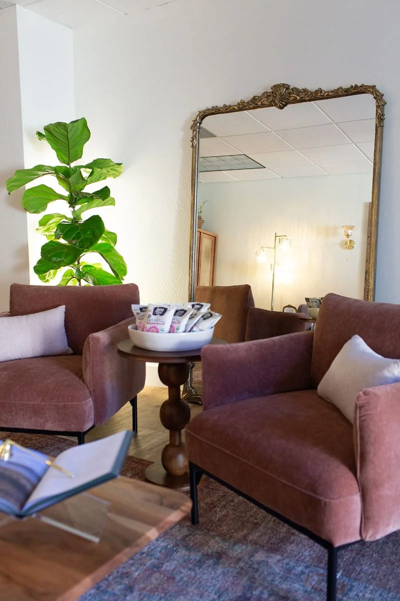 A cozy waiting area with two pink velvet armchairs with white pillows, a small round wooden table with a bowl of snacks, a large mirror, a tall green plant, and warm lighting.