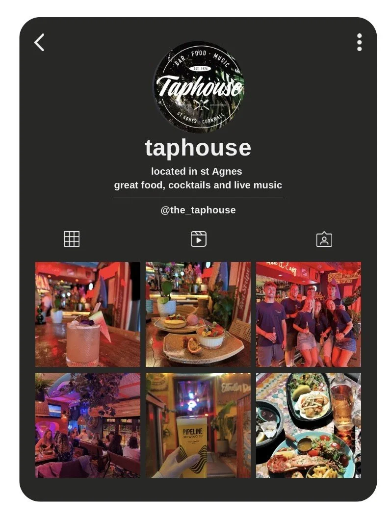 Instagram profile page for Taphouse, a bar, food, and music venue located in St. Agnes, Cornwall. The profile includes photos of drinks, food, and people enjoying the lively atmosphere.