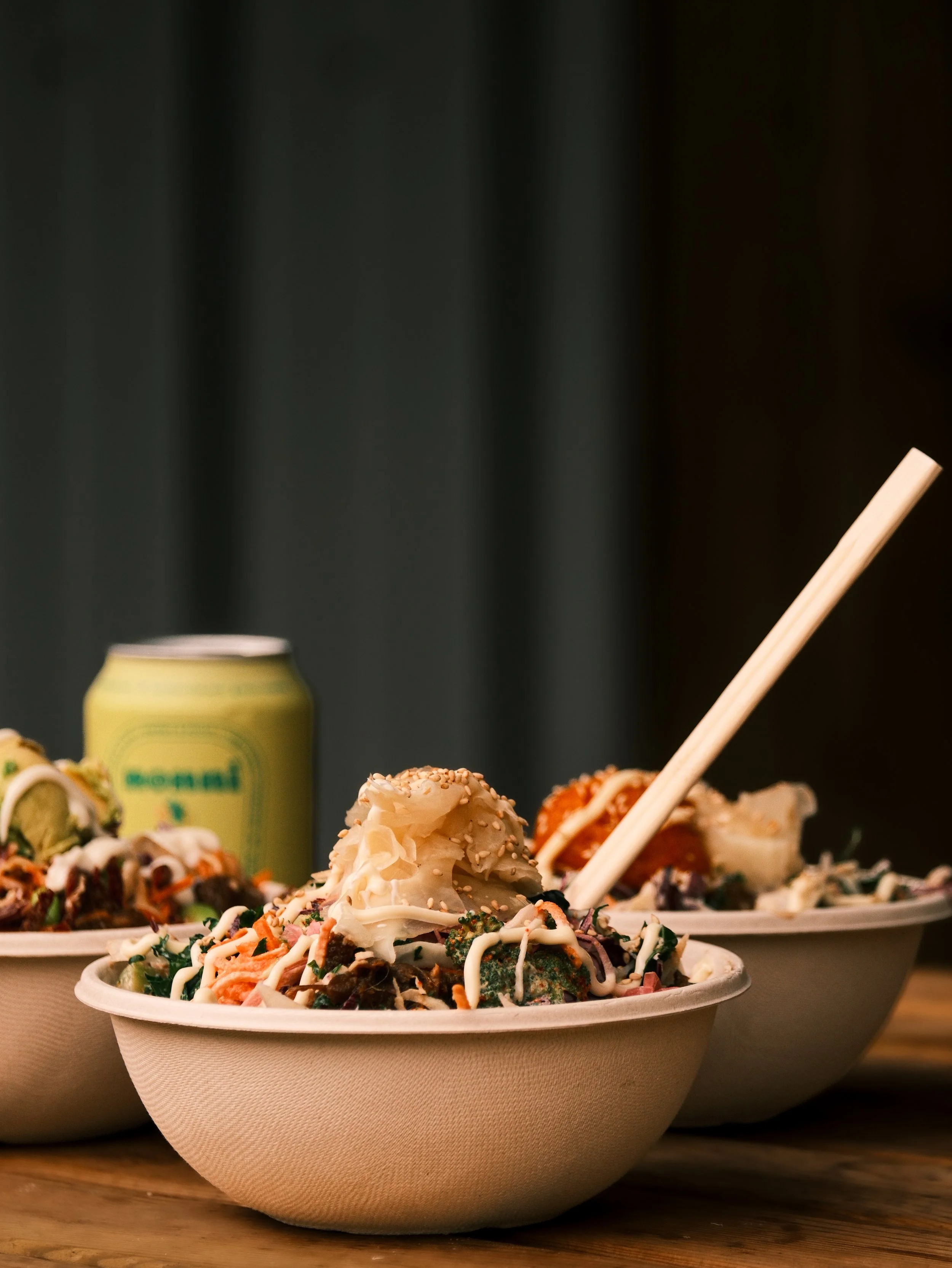 Close up food photography of a sushi salad bowl in cornwall. 