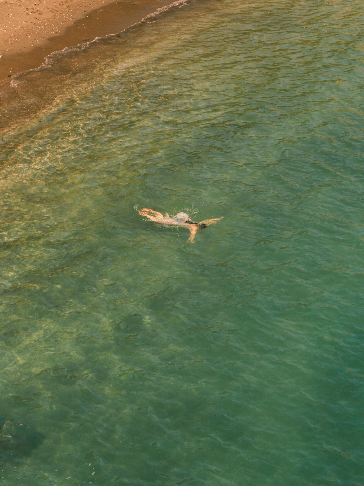 A person swimming in the ocean near a sandy beach, with waves breaking on the shore.