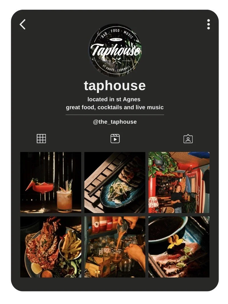 Social media profile page for Taphouse, a bar and restaurant located in St. Agnes, Cornwall, featuring a logo, description, and a grid of six photos showcasing cocktails, food, and the bar interior.