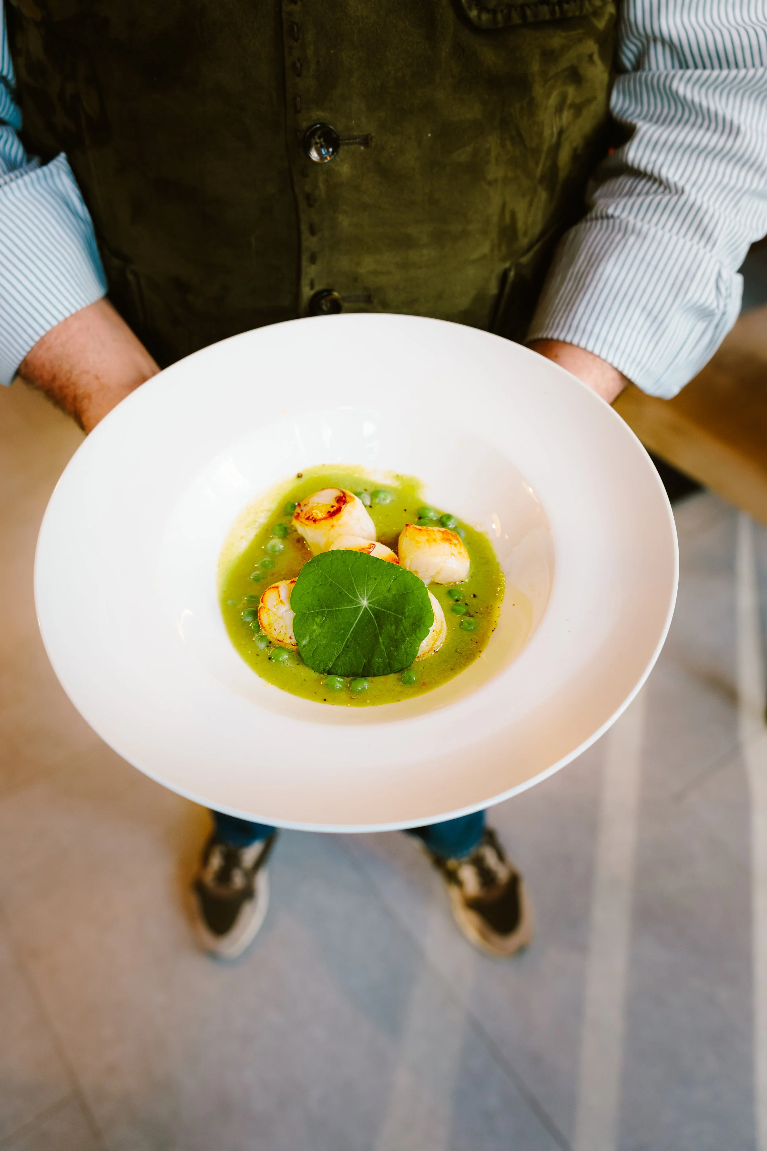 Chez Jaillet Lyon 6 | Didier Jaillet tient un plat blanc avec des noix de Saint-Jacques poêlées, de la sauce verte, une feuille de chou ou de vigne et des petits pois, vue de dessus.
