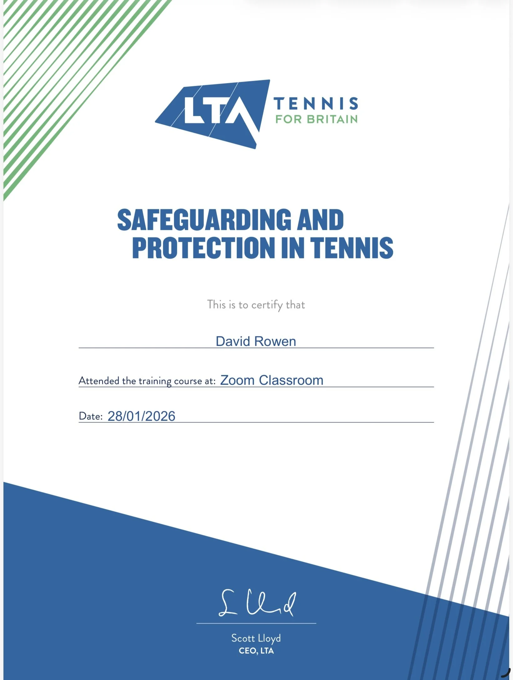 A certificate with the title 'Safeguarding and Protection in Tennis' by LTA, awarded to David Rowen