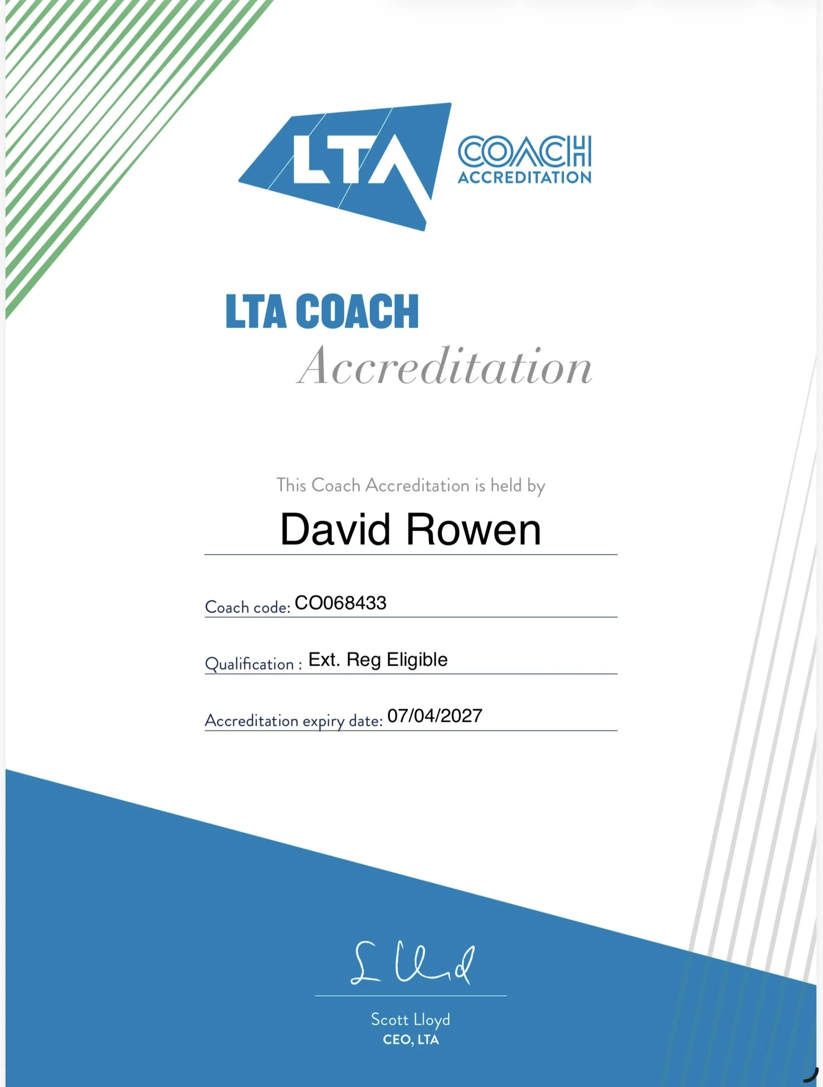 Certificate of LTA Coach Accreditation issued to David Rowen, signed by Scott Lloyd, CEO of LTA