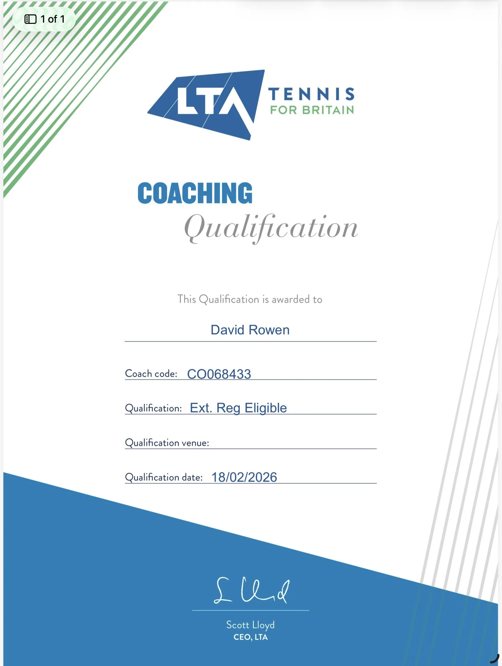 LTA Tennis for Britain Coaching Qualification certificate awarded to David Rowen