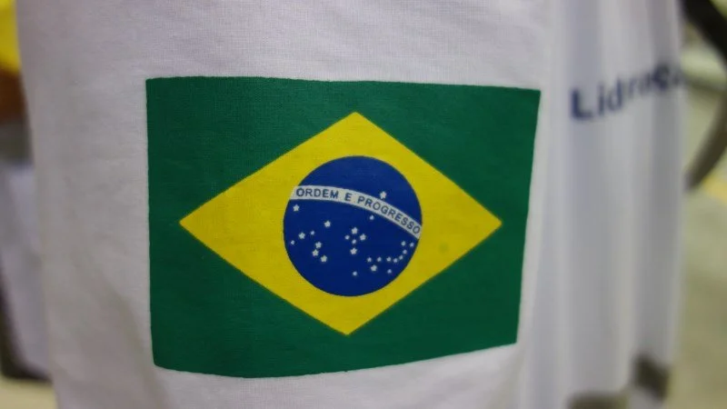 Brazilian flag printed on white fabric.