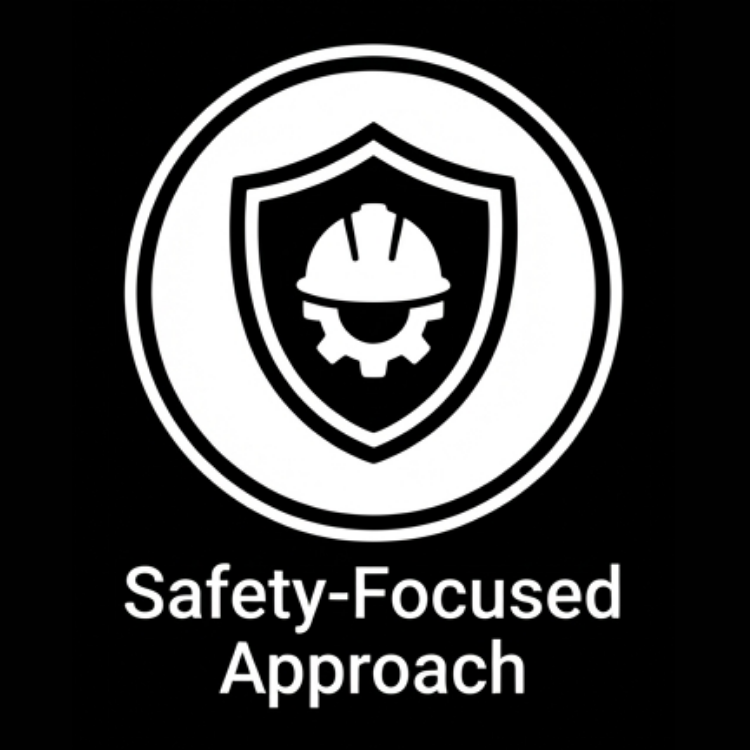 Icon of a shield with a construction helmet and gear in the center, with the text 'Safety-Focused Approach' below.