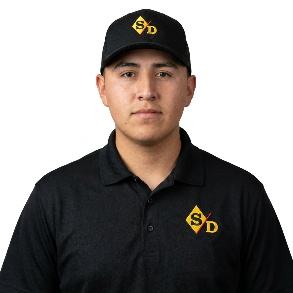 Young man wearing a black uniform polo shirt and cap, both with a yellow diamond-shaped logo containing the letters S and D, against a white background.