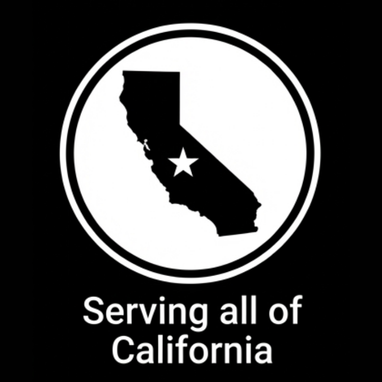 Black circle with a white outline containing a silhouette of California with a star marking a location, and text below that reads "Serving all of California".