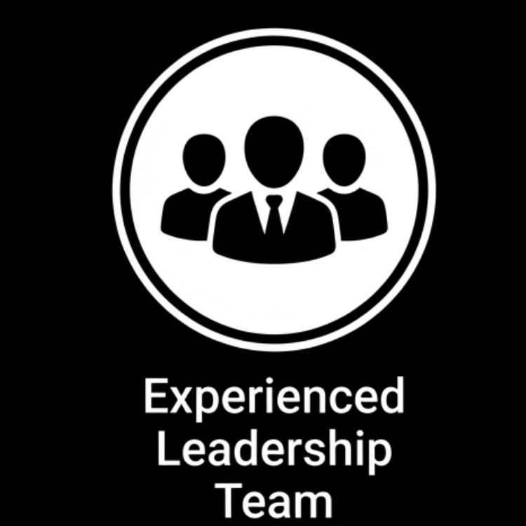 Icon of a leadership team with a central figure in a suit and tie, flanked by two other figures, with the text "Experienced Leadership Team" below.