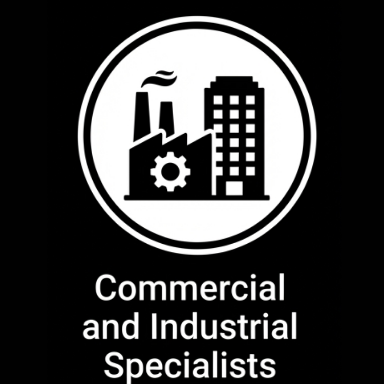 Icon of a factory with smokestack and a city building inside a circular border, with the text 'Commercial and Industrial Specialists' below.