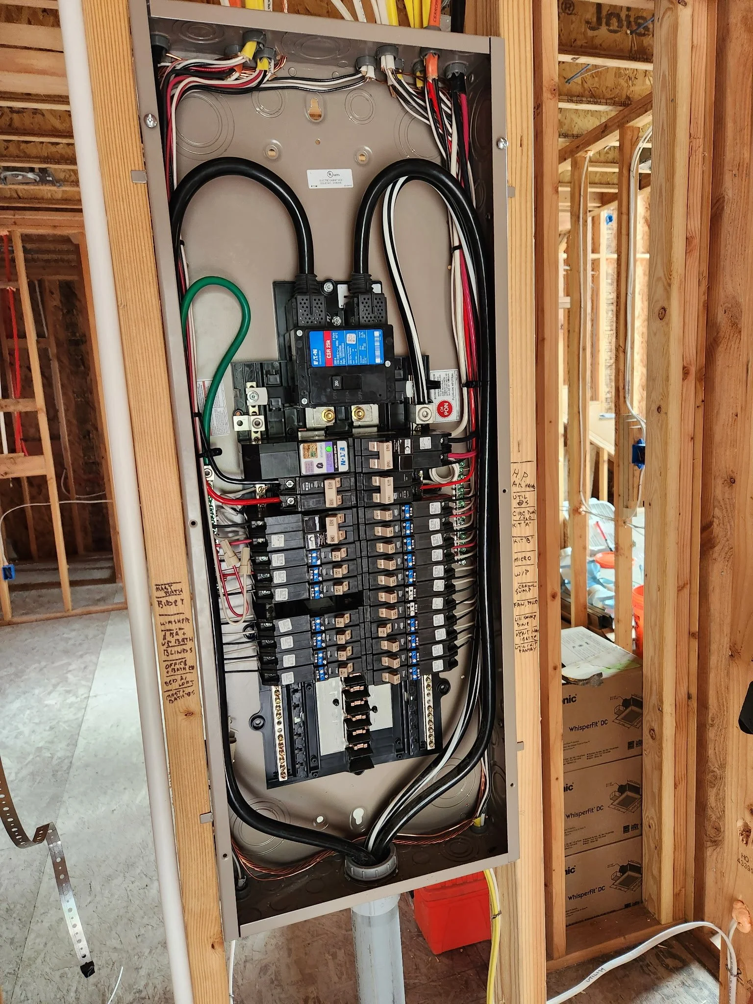Electrical panel with circuit breakers and wiring inside a wooden frame wall.