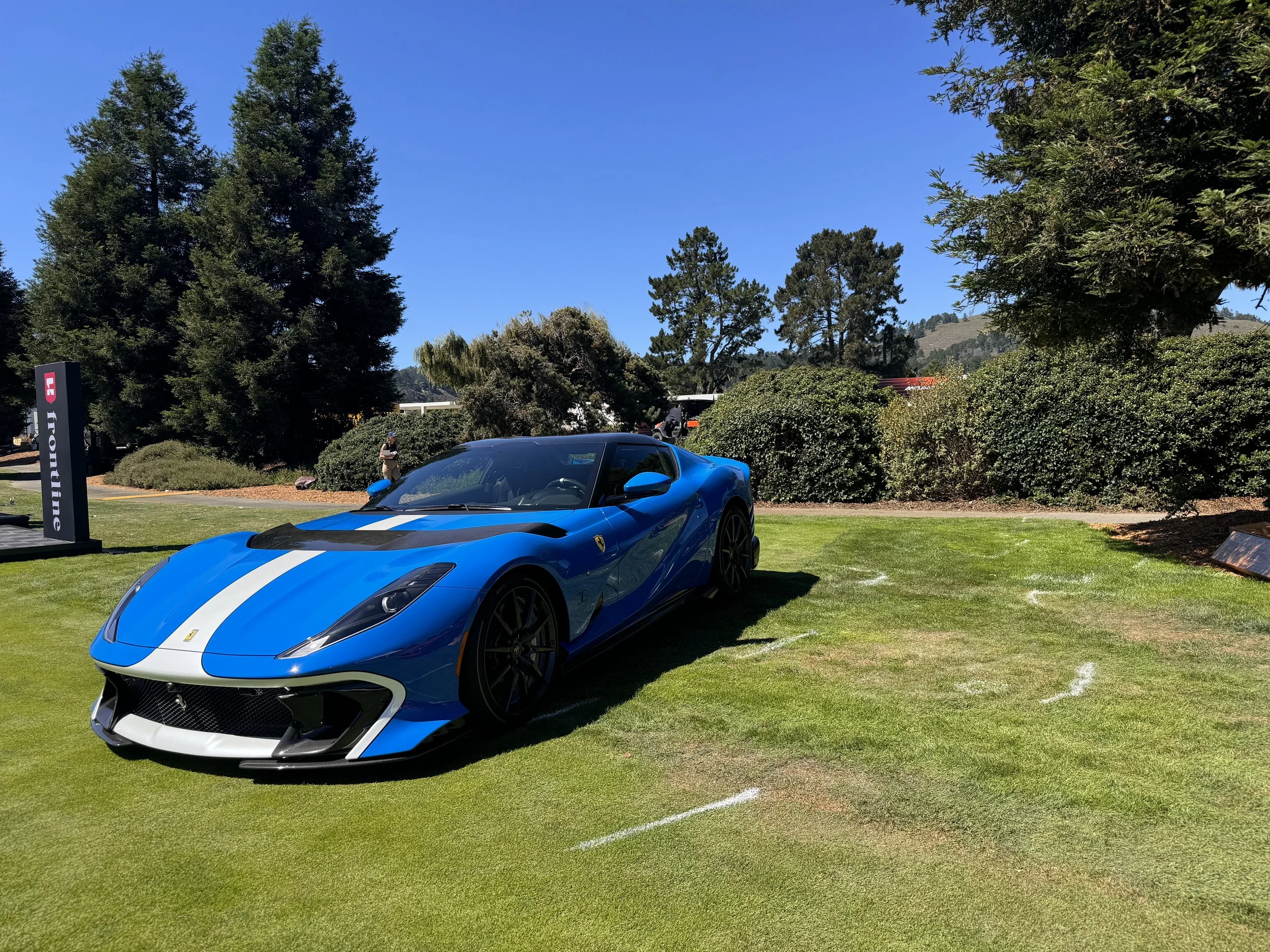 Blue Ferrari sports car with a white racing stripe on a grassy area during a sunny day.