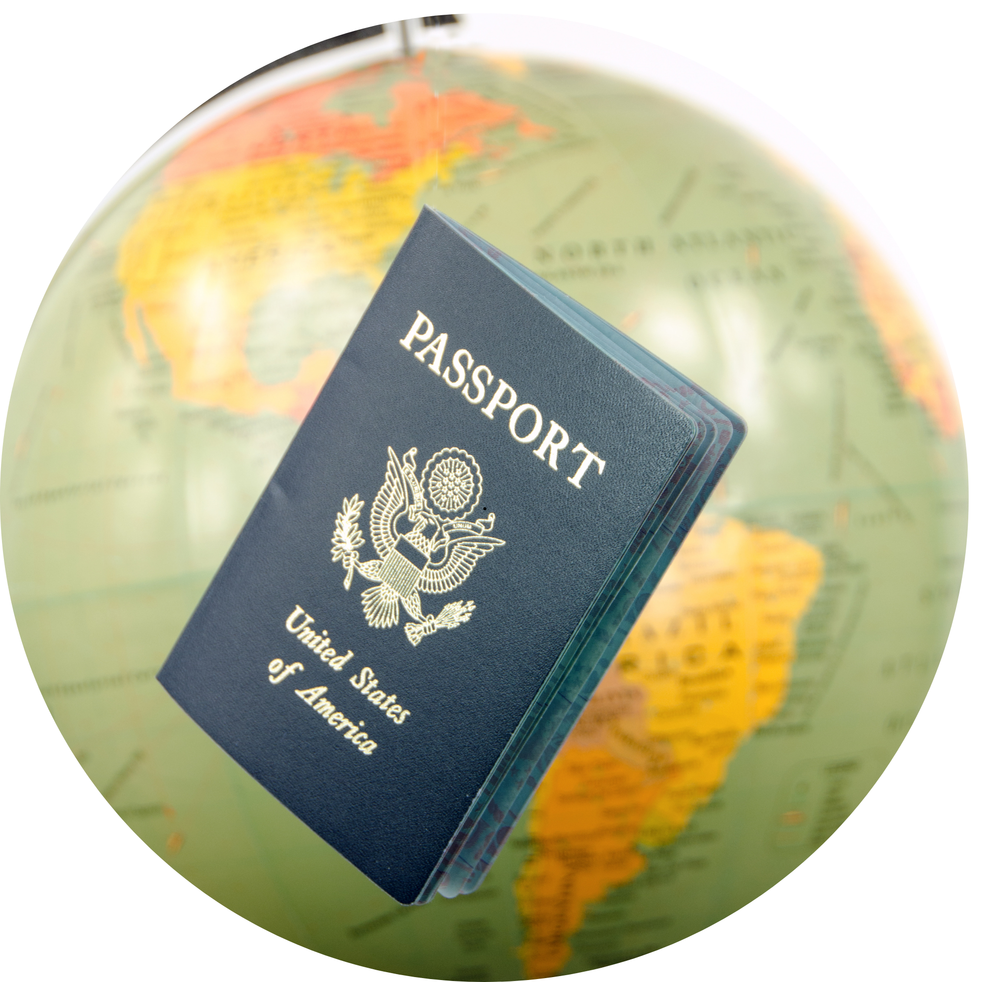 A photograph of a globe with a United States passport partially covering it.