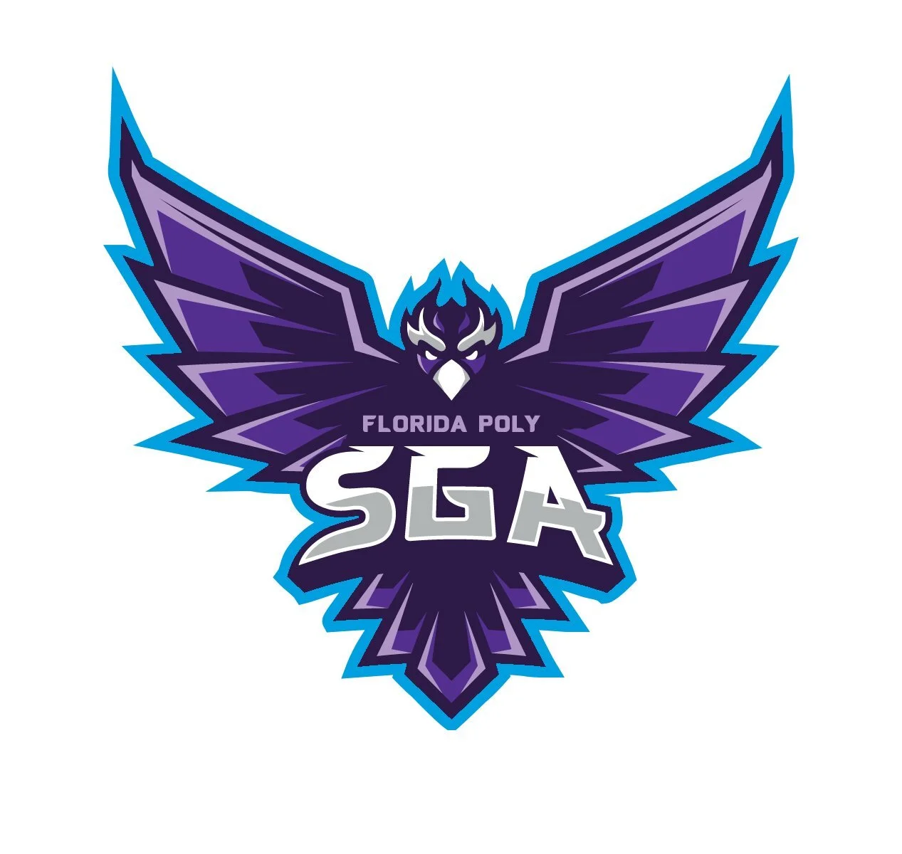 Logo of a fierce, stylized owl with purple and black wings spread wide, with