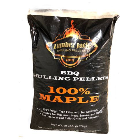 A black bag of Lumber Jack BBQ grilling pellets labeled 100% maple, containing 20 pounds, made from virgin maple tree fiber for use in wood pellet grills and smokers.