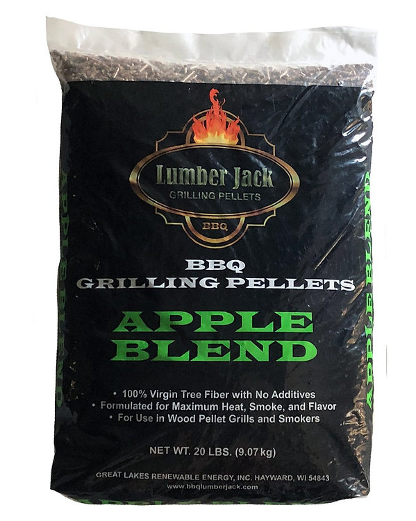 A black bag of Lumber Jack BBQ grilling pellets with green and gold text. It states the product is an apple blend, 20 pounds, for use in wood pellet grills and smokers.