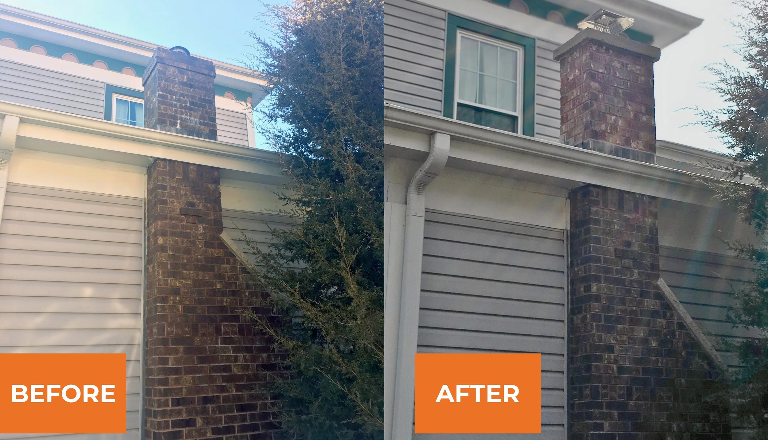 Comparison of the roof area before and after cleaning, showing a house with brick chimney and siding, with trees nearby.