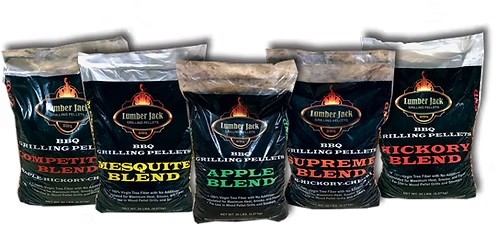 Five bags of Lumber Jack BBQ grilling pellets in various flavors: Hickory, Mesquite, Apple, Cherry, and Hickory Blend