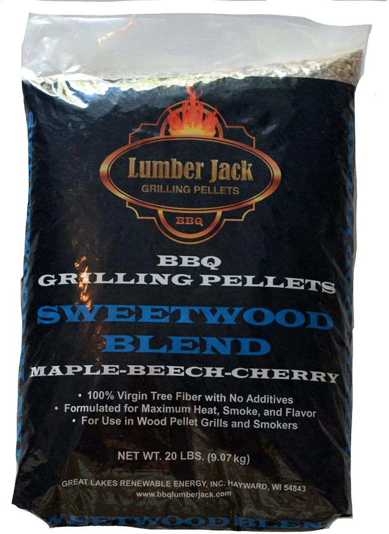 Bag of Lumber Jack BBQ grilling pellets with Sweetwood Blend, Maple, Beech, and Cherry flavors, weighing 20 pounds.